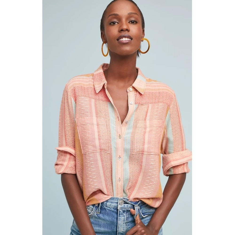 Maeve Anthropologie Top Women Size 0 Pink Calipatria Stripe Button Down Boho - Picture 2 of 11